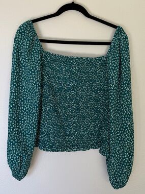 Smocked Off-Shoulder Long Sleeve Top - Teal Floral